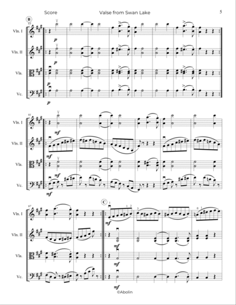 Tchaikovsky: Waltz from Swan Lake - String Quartet String Quartet scores gallery preview page 6