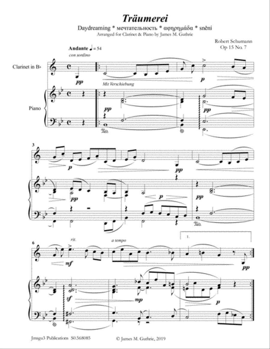 Schumann: Träumerei Op. 15 No. 7 for Clarinet & Piano Clarinet Solo scores gallery preview page 1