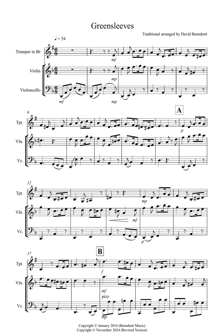 Greensleeves for Trumpet, Violin and Cello Trio Small Ensemble scores gallery preview page 1