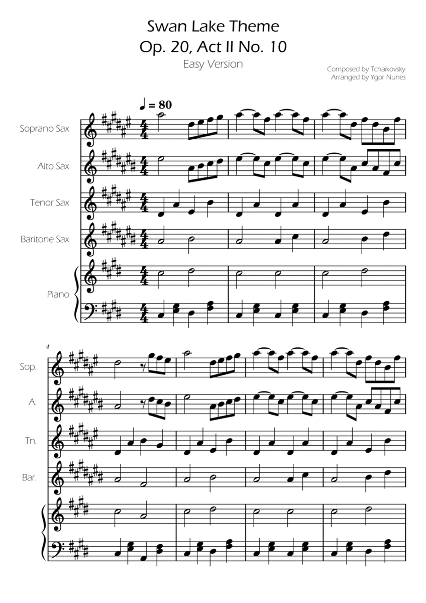 Swan Lake (theme) - Tchaikovsky - Sax Quartet w/ Piano Accompaniment image number null
