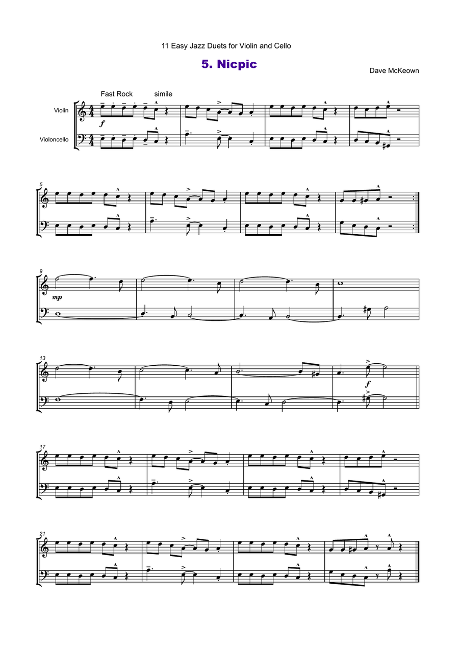 11 Easy Jazz Duets for Violin and Cello String Duet scores gallery preview page 6