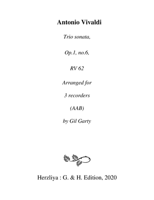 Book cover for Trio sonata Op.1, no.6 RV 62 (Arrangement for 3 recorders (AAB))