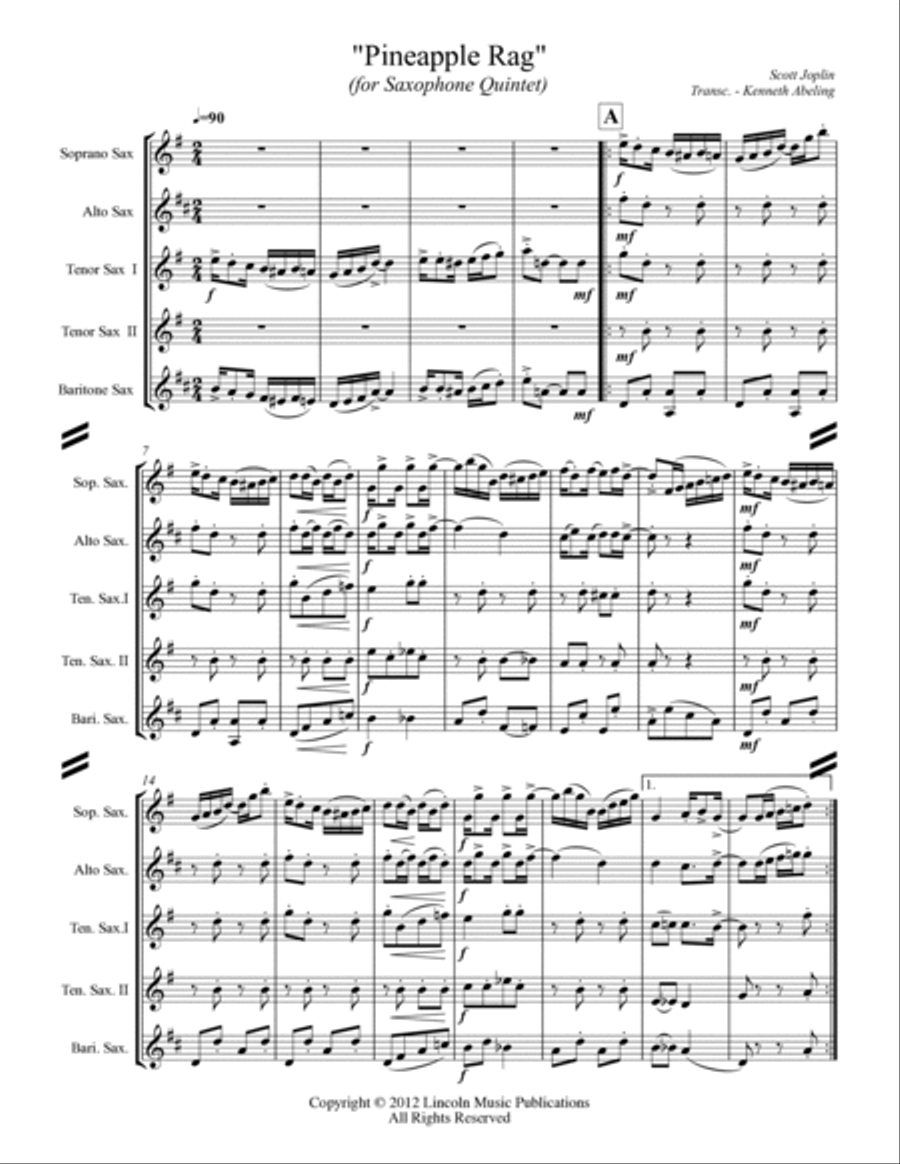 Joplin - “Pineapple Rag” (for Saxophone Quintet SATTB) Saxophone Quintet scores gallery preview page 2