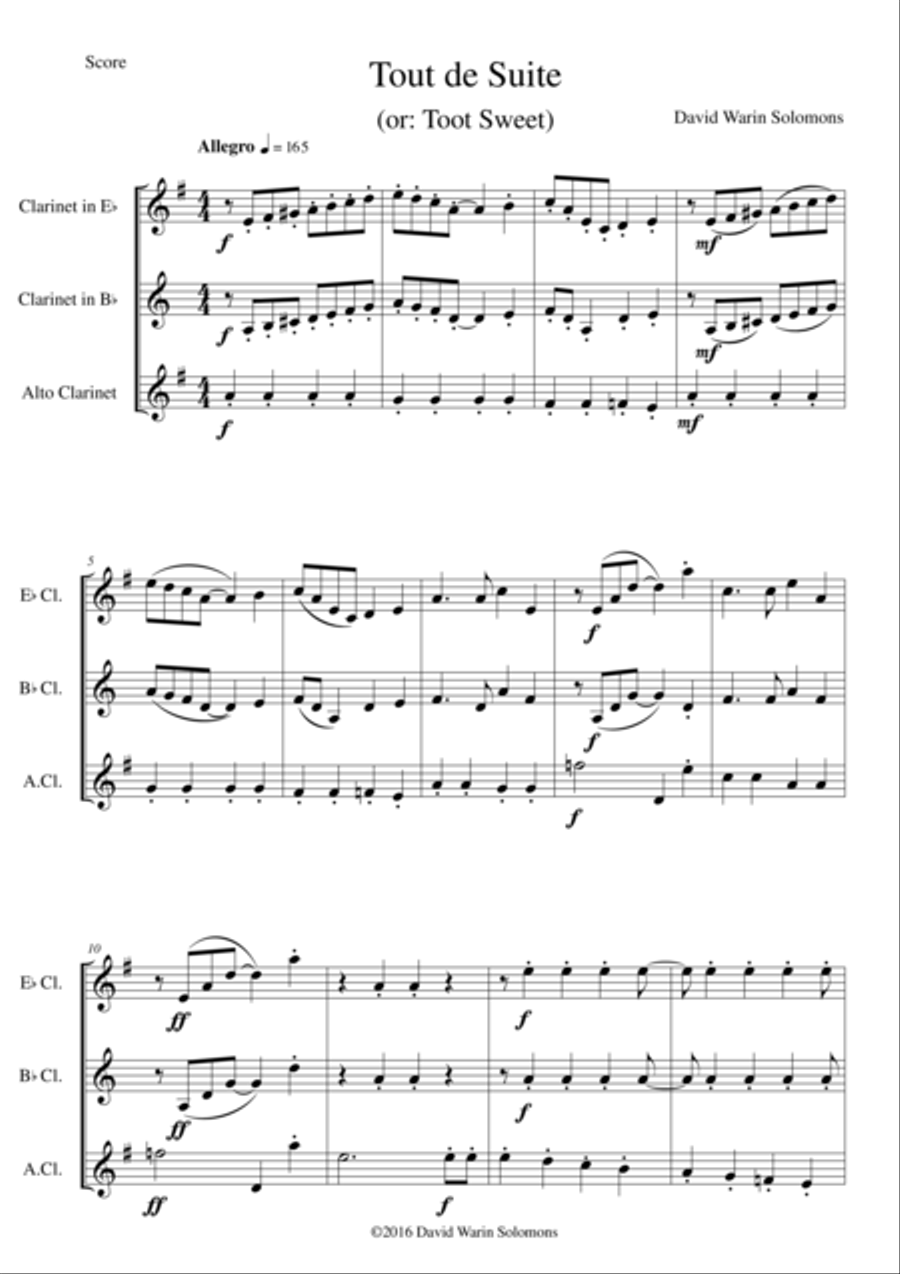 Tout de Suite (or Toot Sweet) for clarinet trio (E flat, B flat and Alto clarinet) Clarinet Trio scores gallery preview page 1