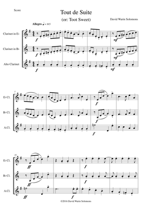 Book cover for Tout de Suite (or Toot Sweet) for clarinet trio (E flat, B flat and Alto clarinet)