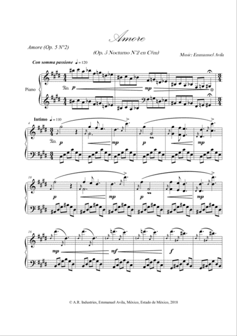 Amore (Op. 5 Nocturne N°2 in C#m) Piano Solo scores gallery preview page 1