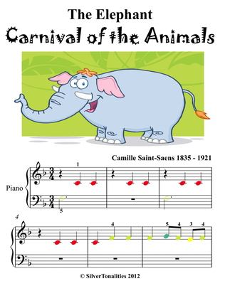 The Elephant Carnival of the Animals Beginner Piano Sheet Music with Colored Notes