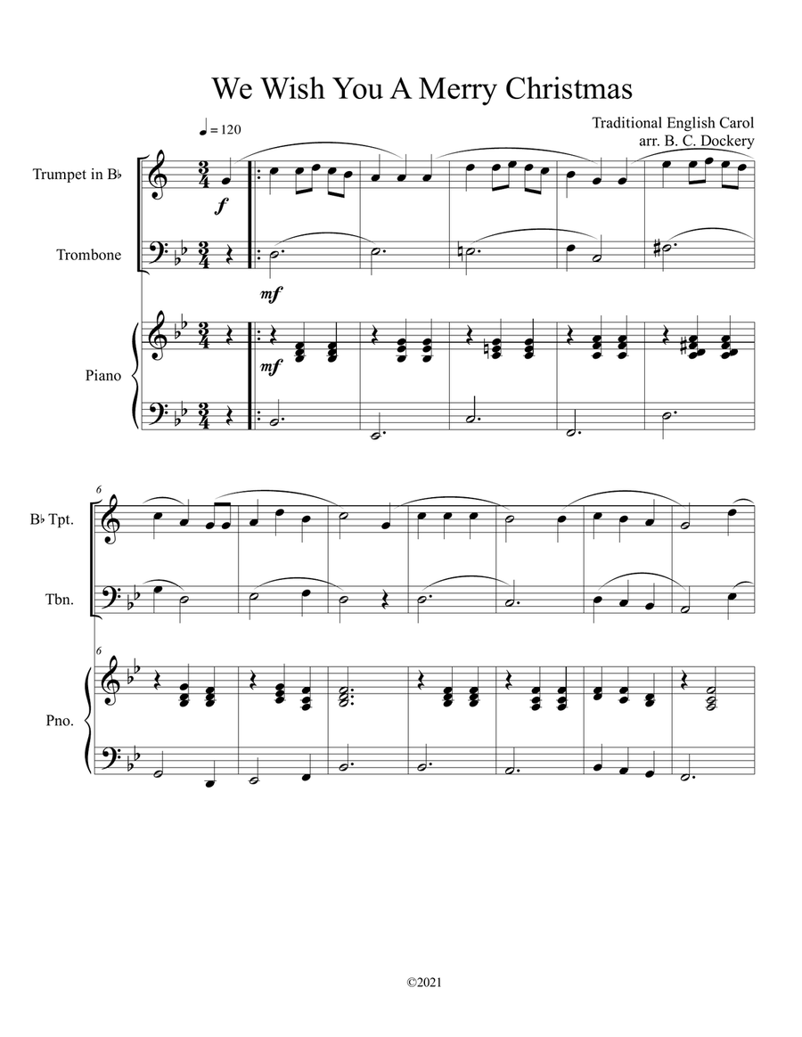 We Wish You A Merry Christmas (Trumpet and Trombone Duet with Piano Accompaniment) Brass Duet scores gallery preview page 1