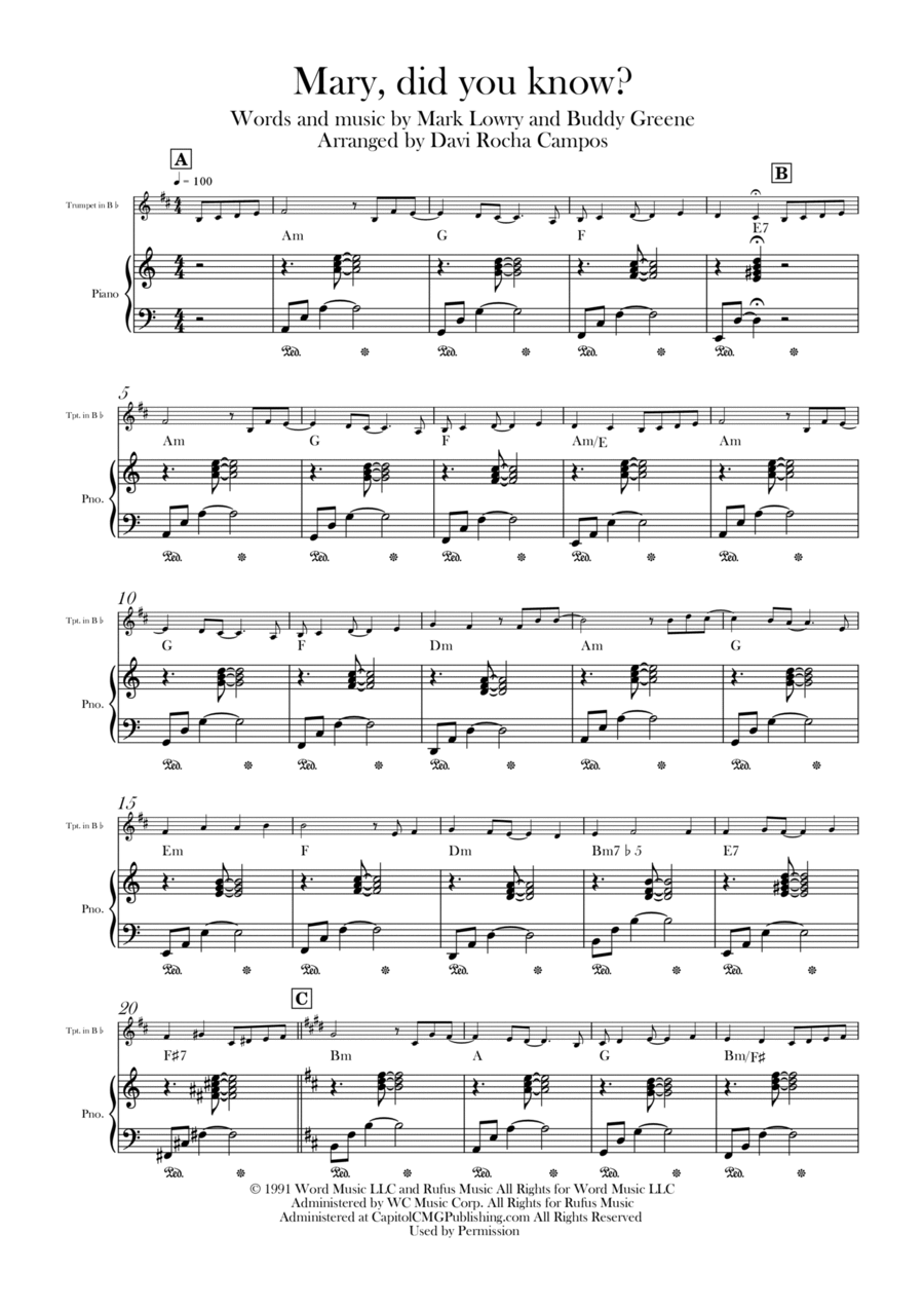 Mary, Did You Know? B-Flat Trumpet scores gallery preview page 1