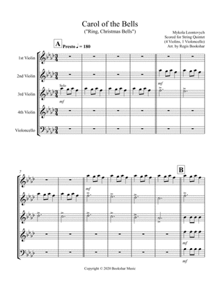 Carol of the Bells (F min) (String Quintet - 4 Violin, 1 Cello)