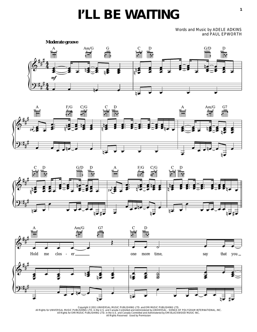 I'll Be Waiting Piano, Vocal, Guitar scores gallery preview page 1