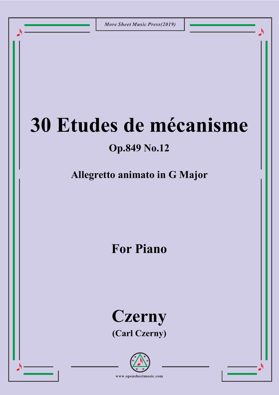 Czerny-30 Etudes de mécanisme,Op.849 No.12,Allegretto animato in G Major,for Piano Piano Method scores gallery preview page 1