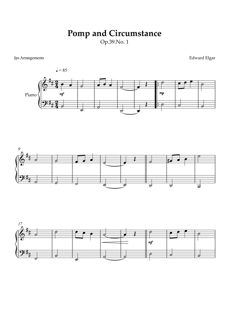 Pomp and Circumstance no. 1 for piano in D major Easy Piano scores gallery preview page 1