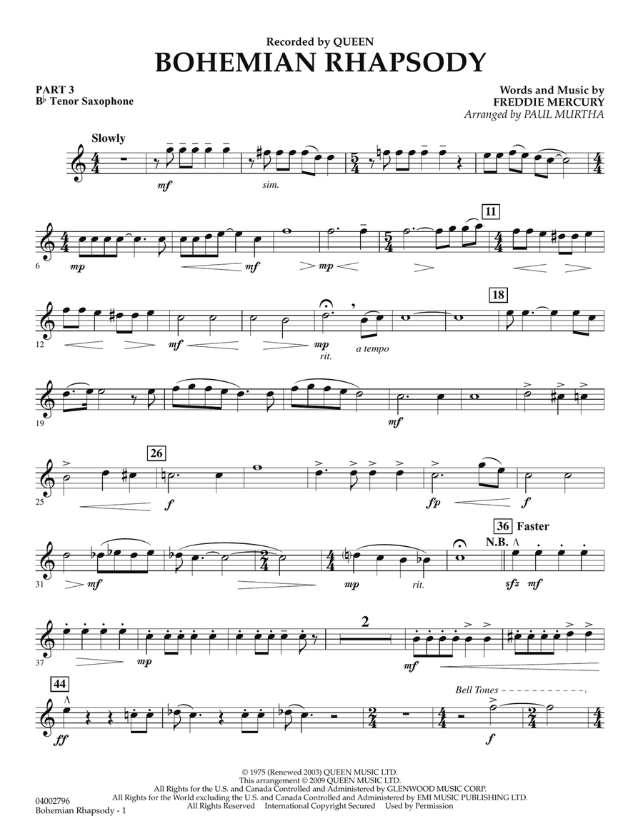 Bohemian Rhapsody - Pt.3 - Bb Tenor Saxophone Concert Band scores gallery preview page 1