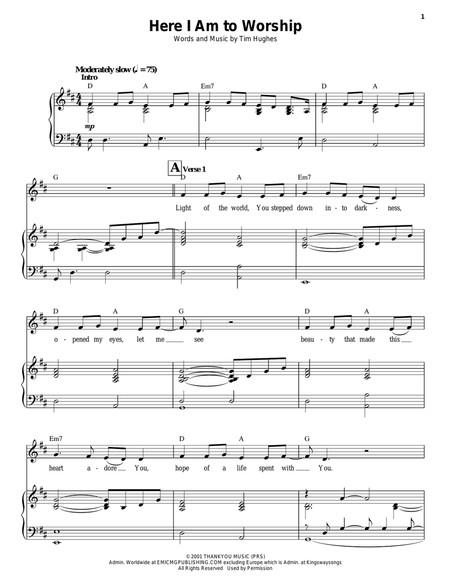 Here I Am To Worship Piano, Vocal scores gallery preview page 1