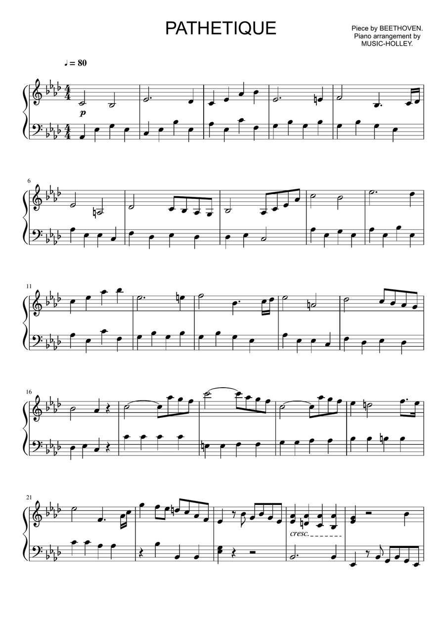 Beethoven - Sonate Op. 13, Pathetique (2nd movement, easy piano sheet) String Duet scores gallery preview page 1