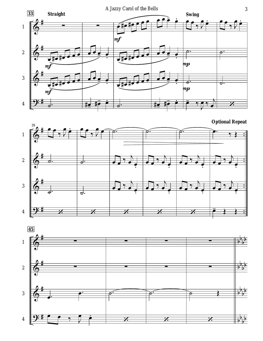 Carol of the Bells (Jazz Waltz for Quartet or Trio) Small Ensemble scores gallery preview page 4