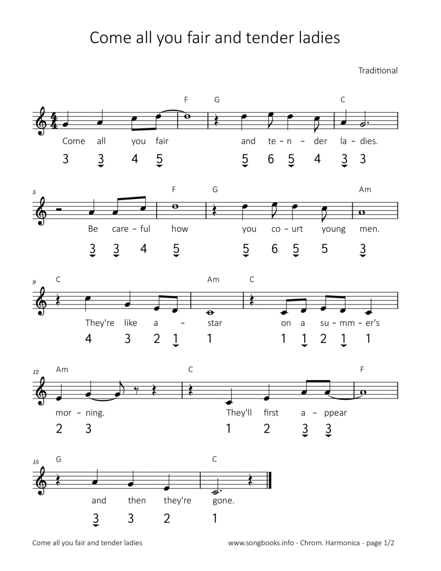 Come all you fair and tender ladies Harmonica scores gallery preview page 1