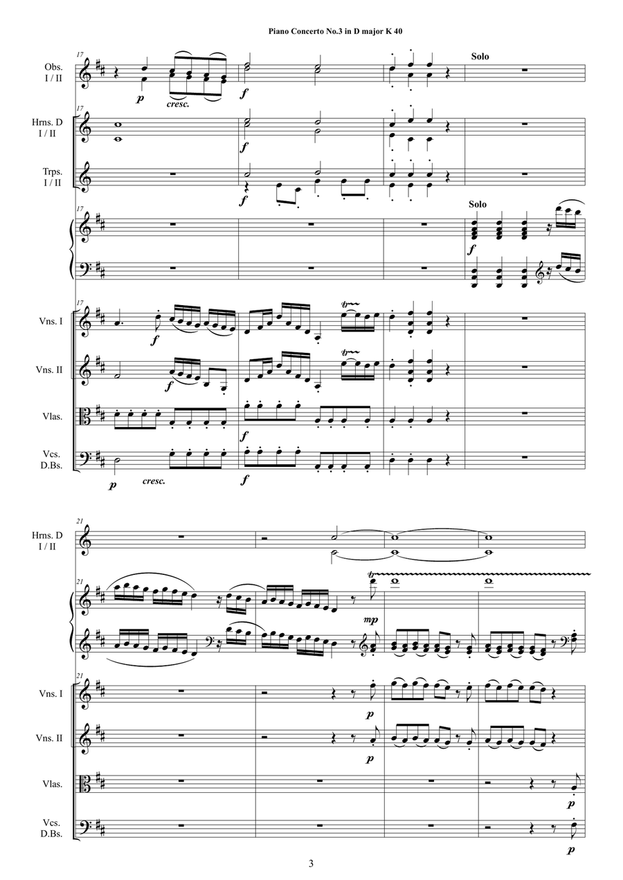 Mozart - Piano Concerto No.3 in D major K 40 for Piano solo and Orchestra - Score and Parts String Orchestra scores gallery preview page 3