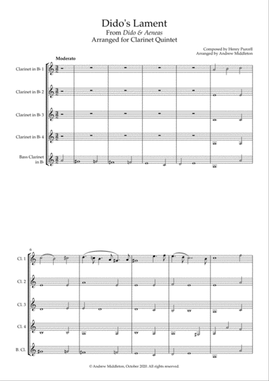 Dido's Lament arranged for Clarinet Quintet Clarinet Quintet scores gallery preview page 3