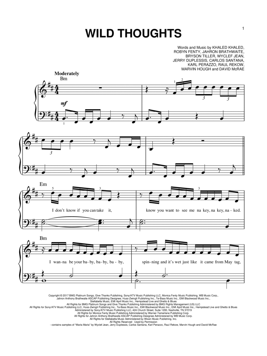 Wild Thoughts (feat. Rihanna & Bryson Tiller) Easy Piano scores gallery preview page 1