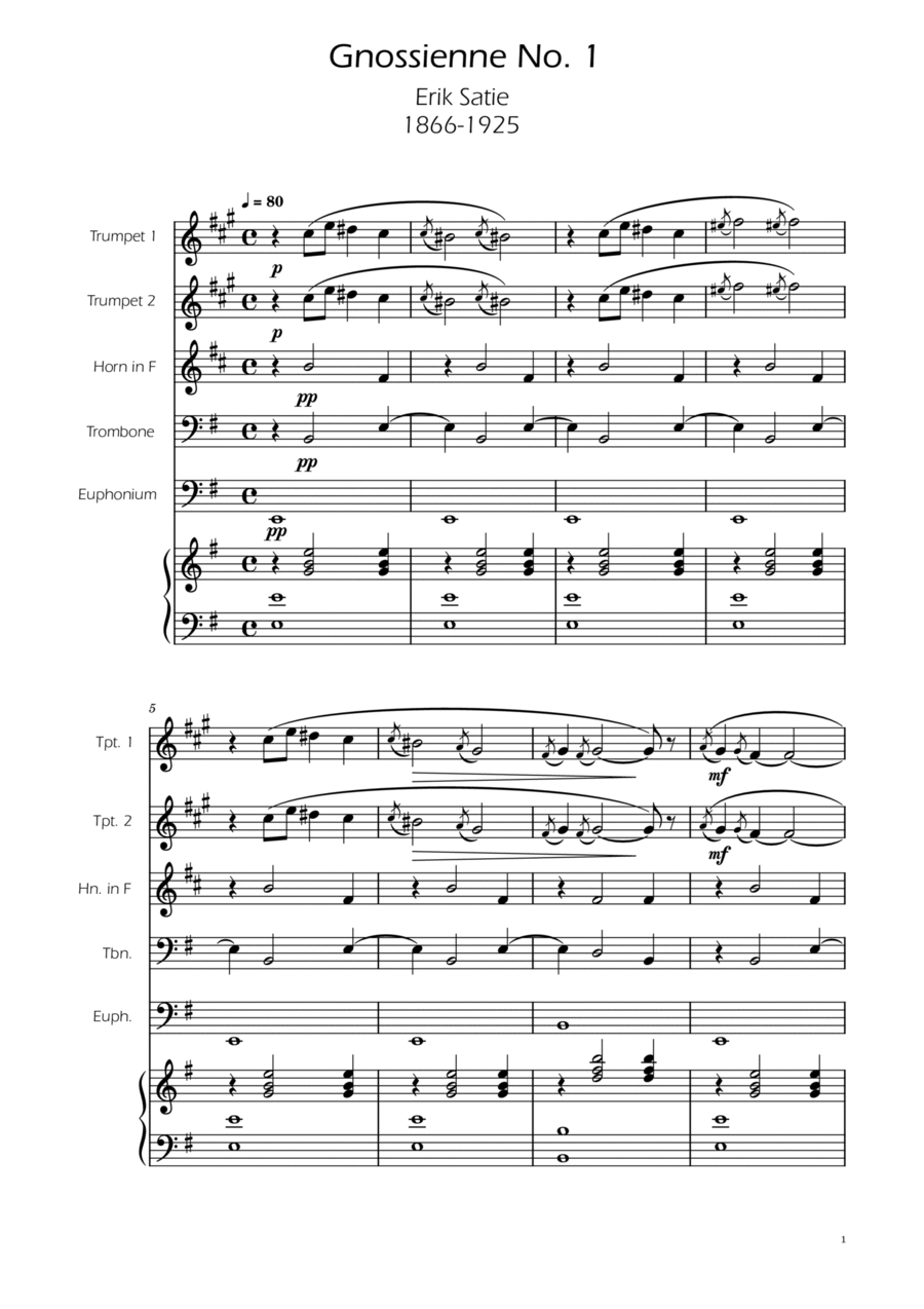 Erik Satie - Gnosienne no1 - Brass Quintet w/ Piano Brass Quintet scores gallery preview page 1
