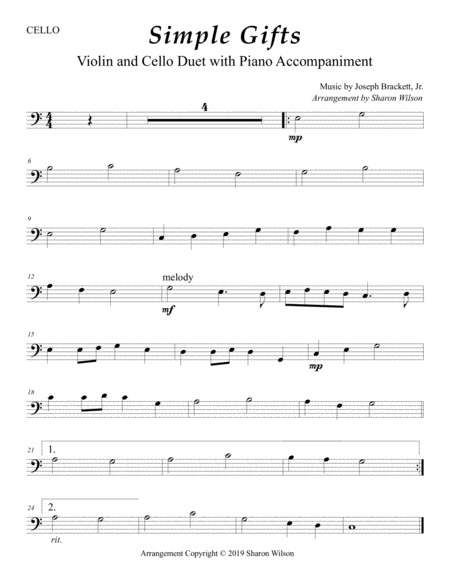 Simple Gifts (appalachian shaker song) Sheet music for Cello Duet
