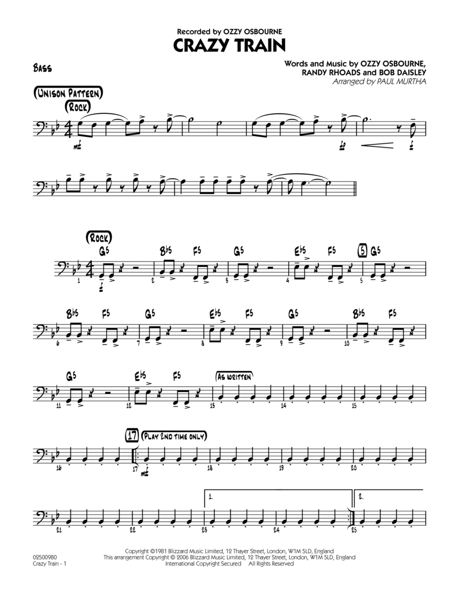 Crazy Train - Bass Jazz Ensemble scores gallery preview page 1