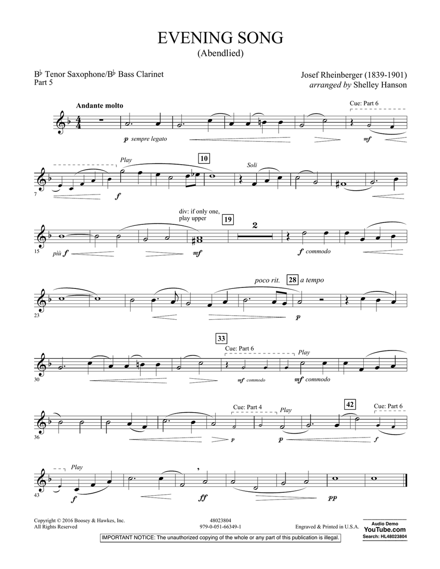 Evening Song (Abendlied) - Pt.5 - Bb Tenor Saxophone Concert Band scores gallery preview page 1