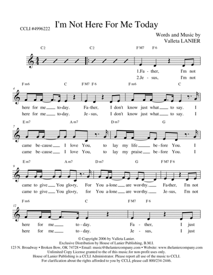 I'M NOT HERE FOR ME TODAY, Worship Lead Sheet (Includes Melody, Lyrics & Chords) image number null