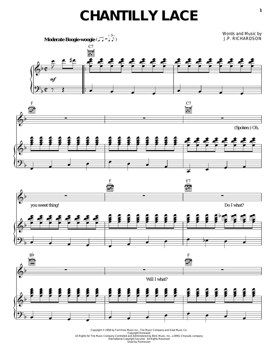 Chantilly Lace Piano, Vocal, Guitar scores gallery preview page 1
