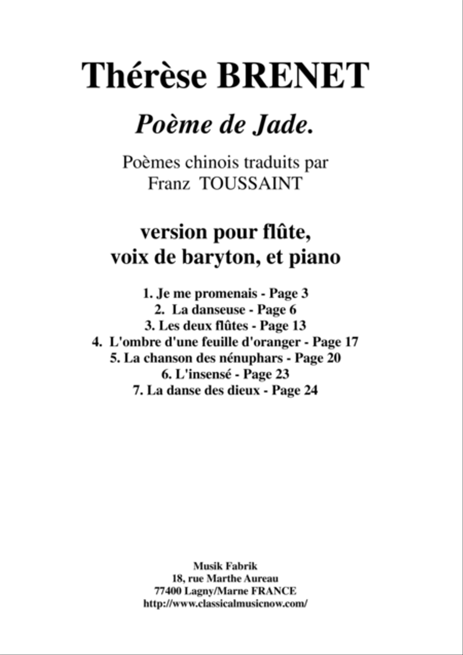 Thérèse Brenet: Poème de Jade, seven mélodies on Chinese Poems for baritone, flute solo and orchestr Small Ensemble scores gallery preview page 1