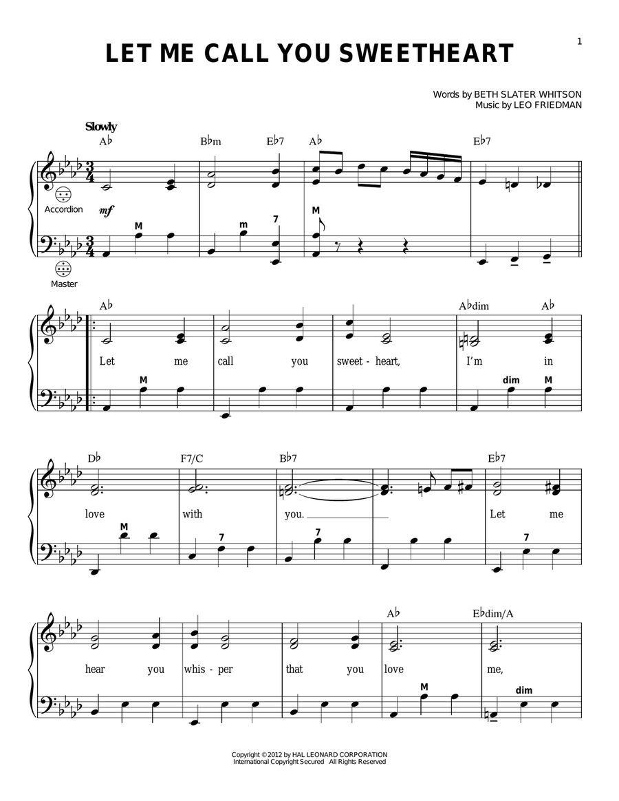 Let Me Call You Sweetheart Accordion scores gallery preview page 1