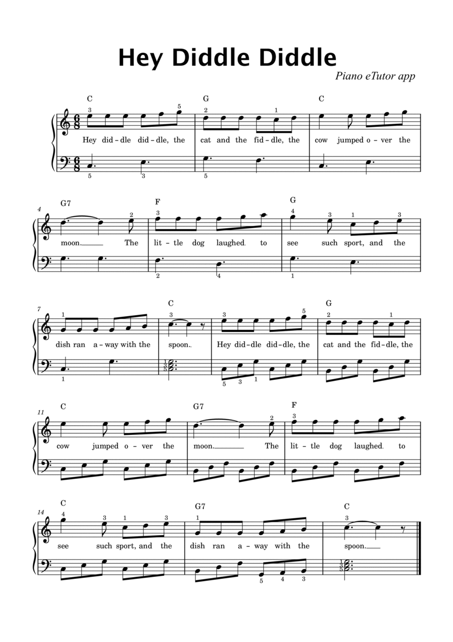 Hey Diddle Diddle (folk song) - piano Easy Piano scores gallery preview page 1