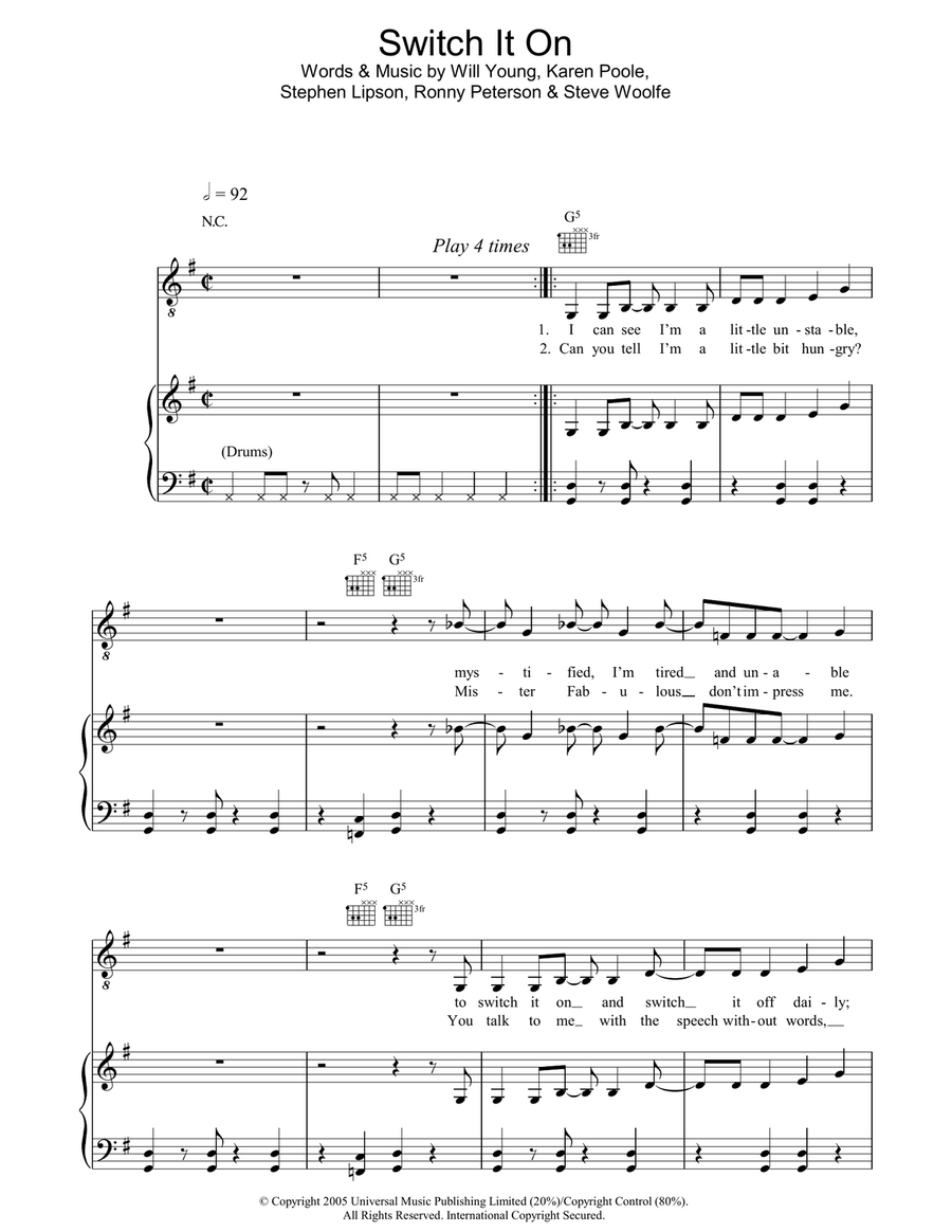 Switch It On Piano, Vocal, Guitar scores gallery preview page 1