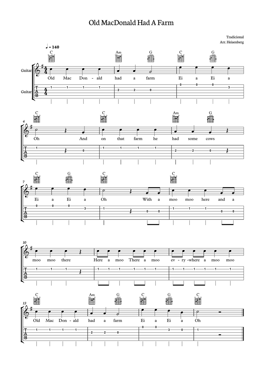 Old MacDonald Had a farm for Guitar with tab Guitar Tablature scores gallery preview page 1