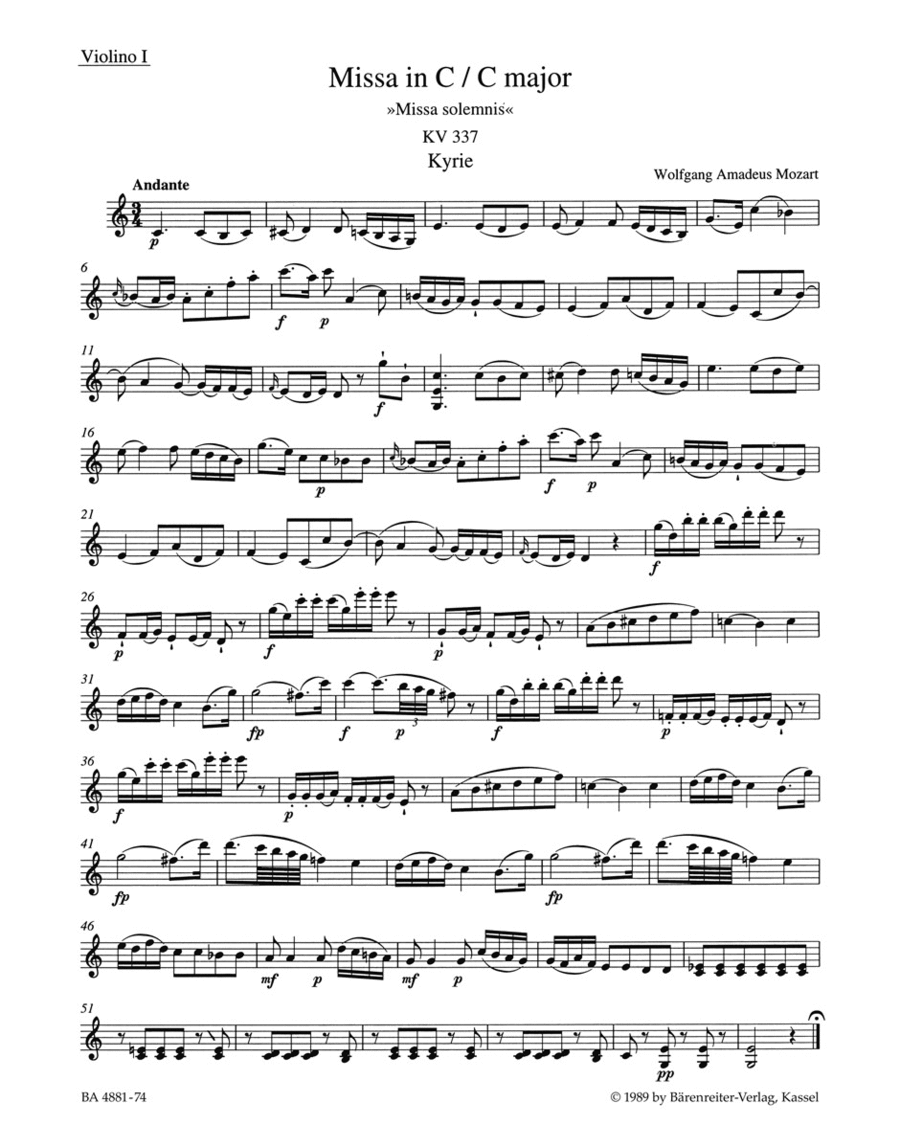 Missa C major, KV 337 'Missa solemnis' Violin scores gallery preview page 1