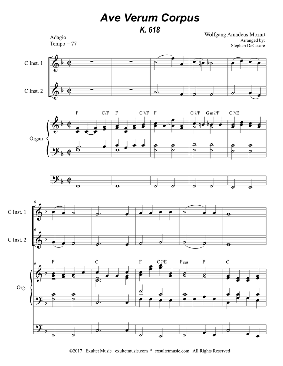 Ave Verum Corpus (Duet for C-Instruments - Organ Accompaniment) Organ scores gallery preview page 1