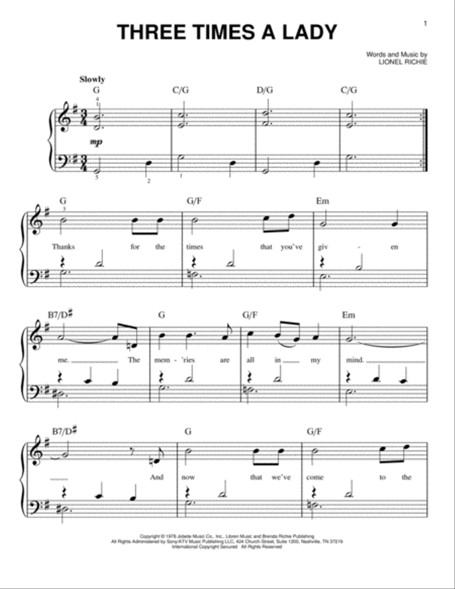 Three Times A Lady Easy Piano scores gallery preview page 1
