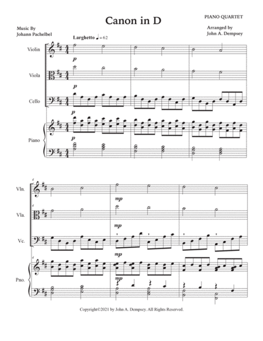 Canon in D (Piano Quartet): Violin, Viola, Cello and Piano image number null