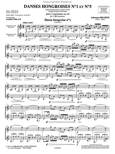 Danses Hongroises No. 1 et No. 5 by Johannes Brahms Clarinet Solo - Sheet Music