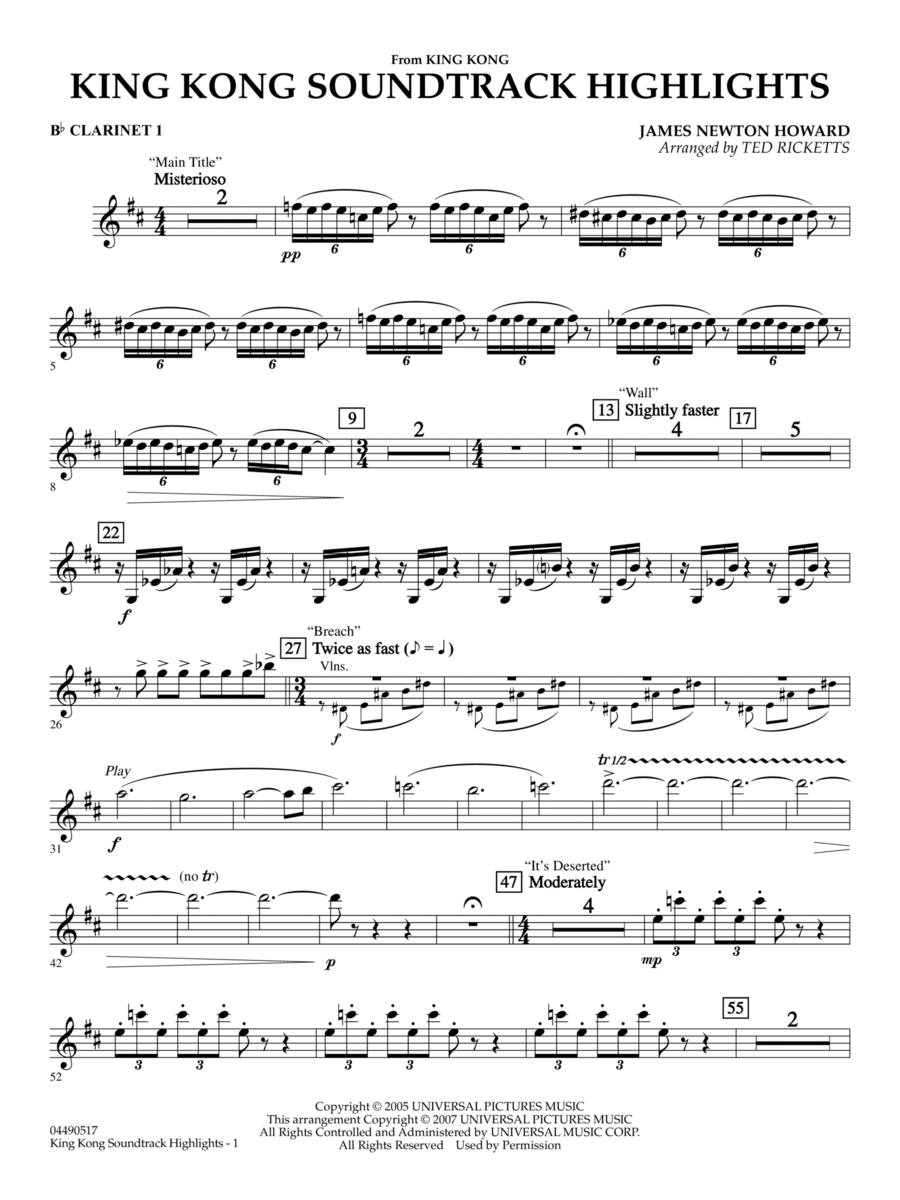King Kong (Soundtrack Highlights) (arr. Ted Ricketts) - Bb Clarinet 1 Full Orchestra scores gallery preview page 1