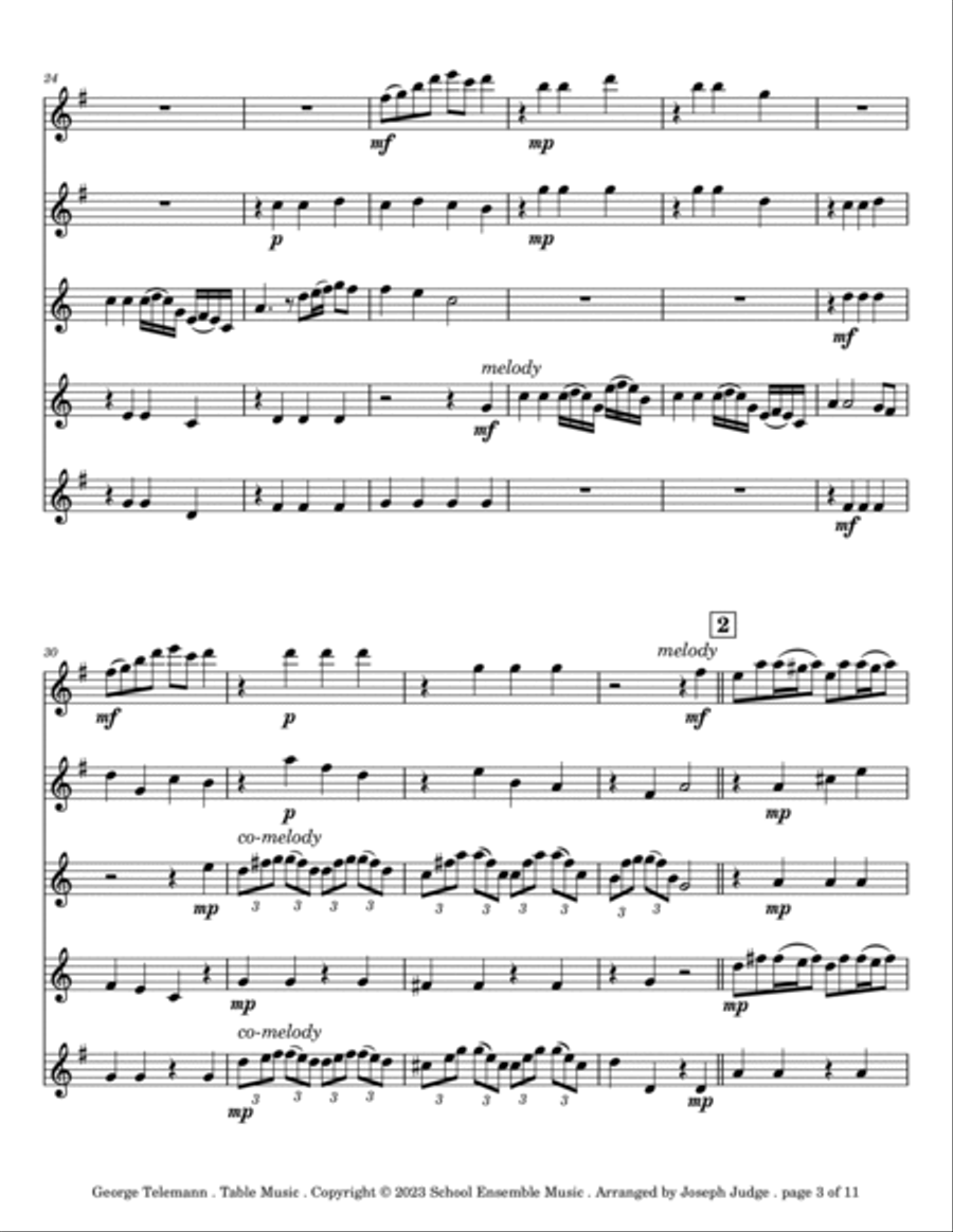 Table Music by Telemann for Saxophone Quintet in Schools Saxophone Quintet scores gallery preview page 3