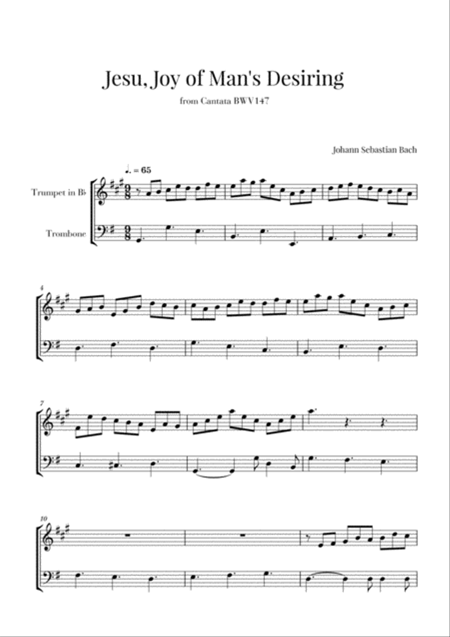 Bach - Jesu, Joy of Man's Desiring for Trumpet in Bb and Trombone Brass Duet scores gallery preview page 1