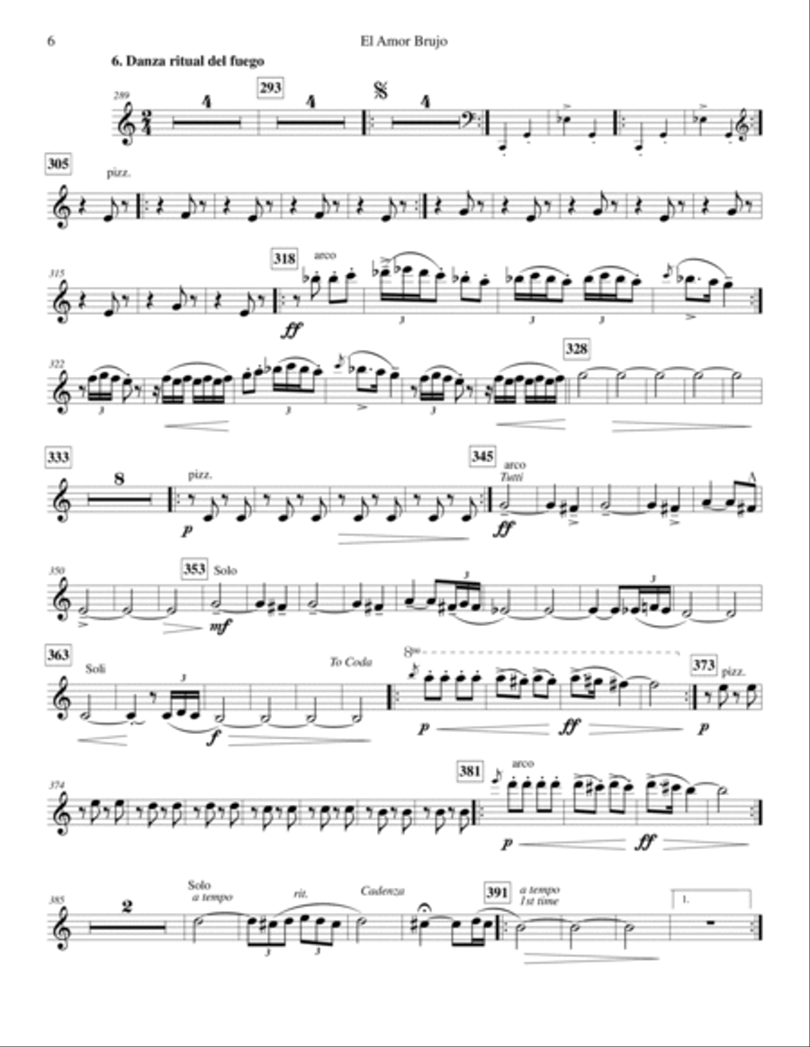 De Falla 1915 El Amor Brujo arr String Quartet, String Bass, Oboe, Clarinet & Piano Small Ensemble scores gallery preview page 6