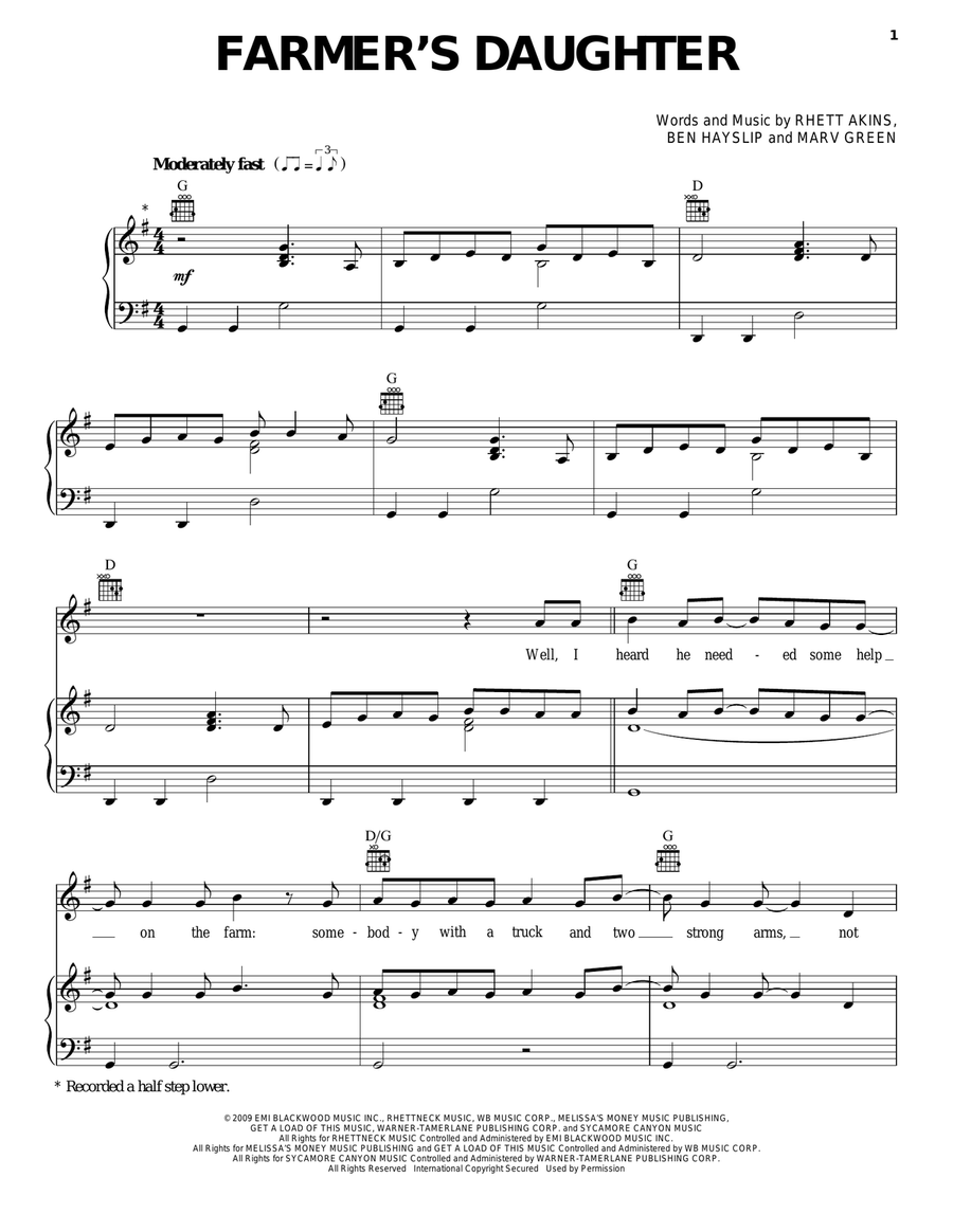 Farmer's Daughter Piano, Vocal, Guitar scores gallery preview page 1