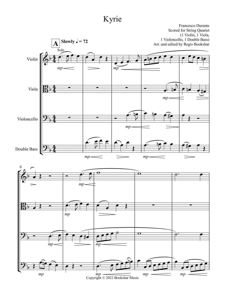 Kyrie (Durante) (String Quartet - 1 Violin, 1 Viola, 1 Cello, 1 Bass) String Quartet scores gallery preview page 1