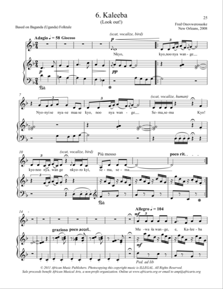 Twelve African Songs for Solo Voice and Piano - 6. KALEEBA (Look out!) SA scores gallery preview page 1