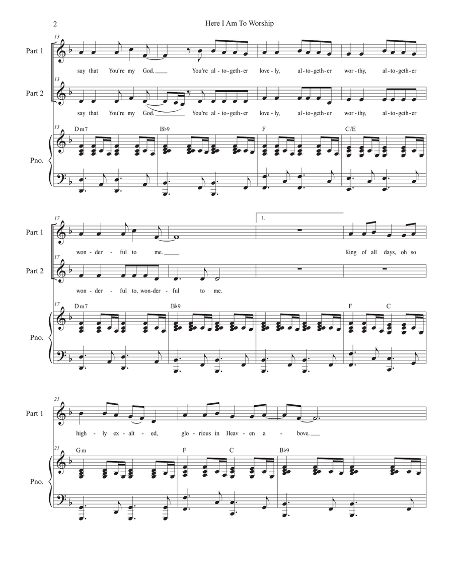 Here I Am To Worship (light Of The World) 2-Part scores gallery preview page 2