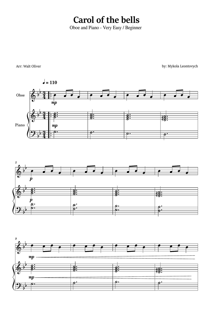 Carol of the Bells for Oboe and Piano (Very Easy - Beginner) in G minor Piano scores gallery preview page 1
